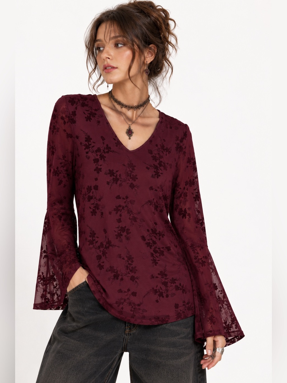 Lily Morgan Red Flocked Floral Top Bell Sleeve Whimsygoth Fairy Grunge XLarge